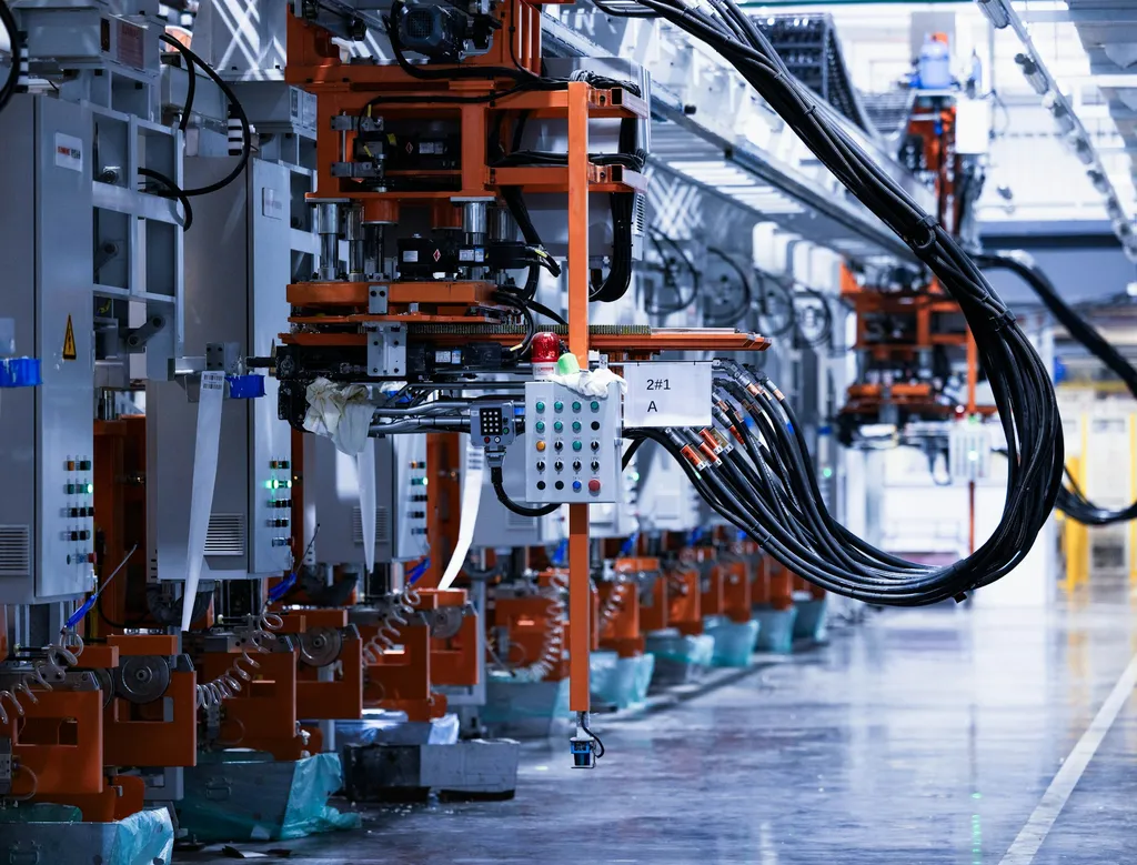 Otomasyonlu üretim hattında kontrol panelleri ve robot kolları