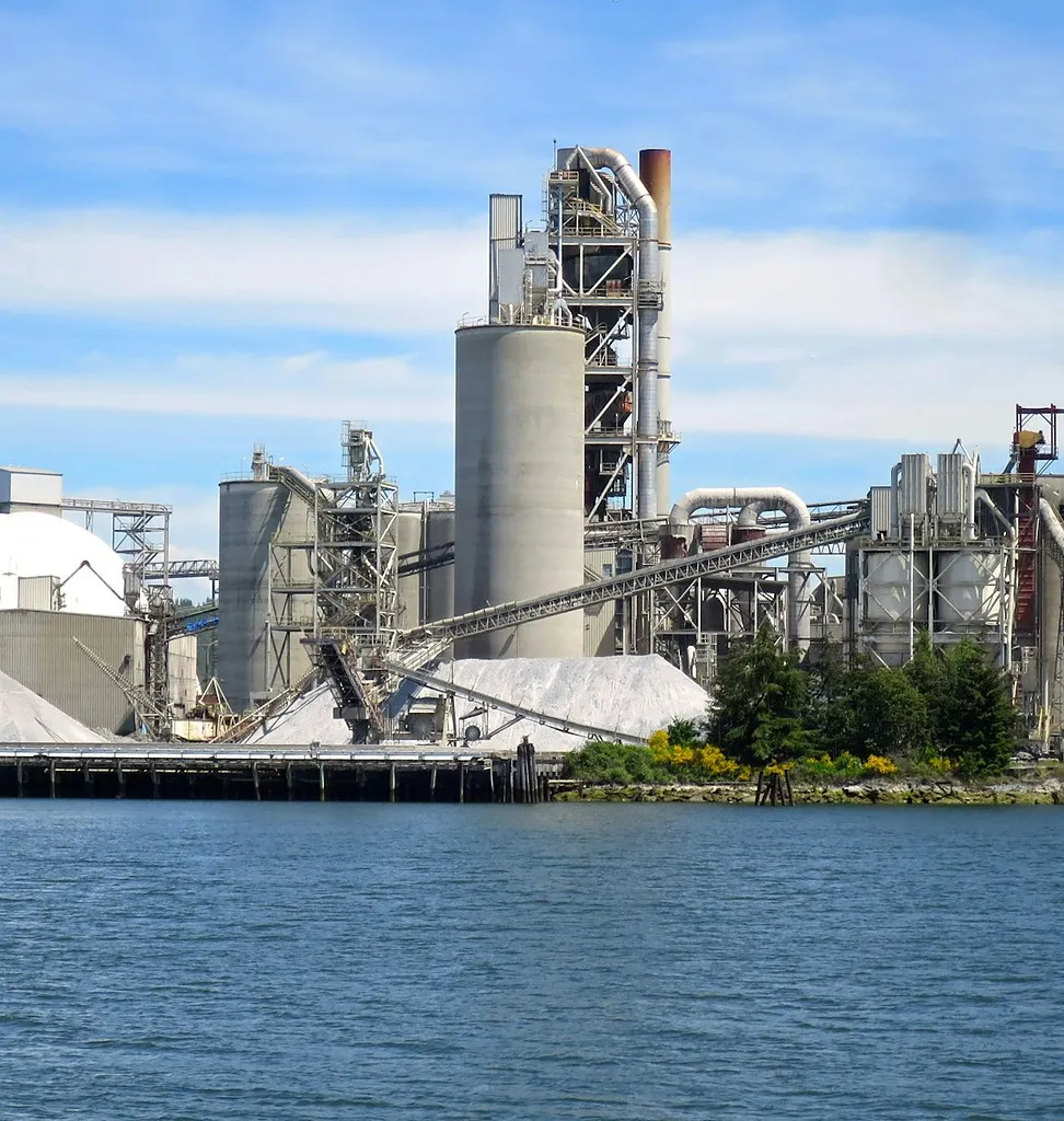 Deniz kıyısında klinker hattı ve silolarıyla çimento fabrikası