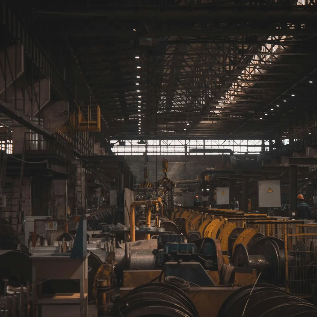 Üretim hattı boyunca makinelerin sıralandığı fabrika iç görünümü