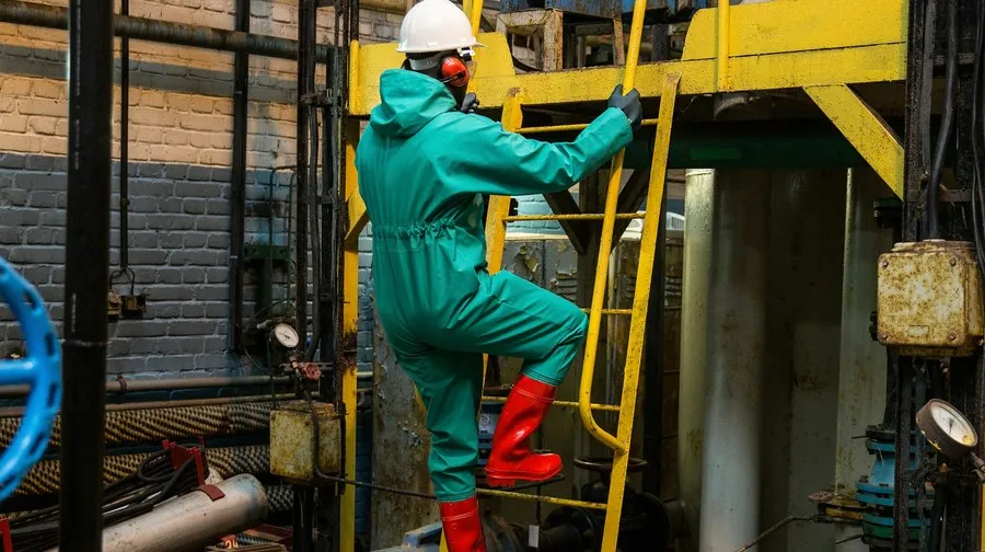Sanayi tesisinde merdiven çıkan baretli operatör